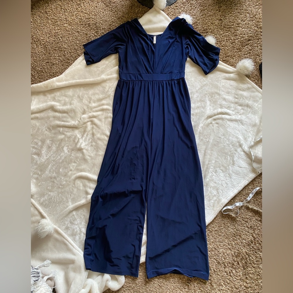 Blue, Slit-Sleeve Jumpsuit